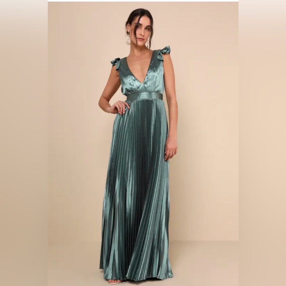 Lulu's Exceptional Drama Sage Green Satin Lace-up Pleated Maxi Dress